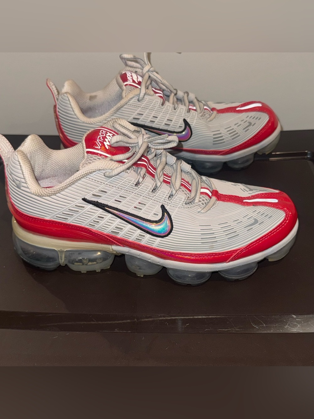 Nike Women's Gray & Red VaporMax Air Running Sneakers with Iridescent Swoosh